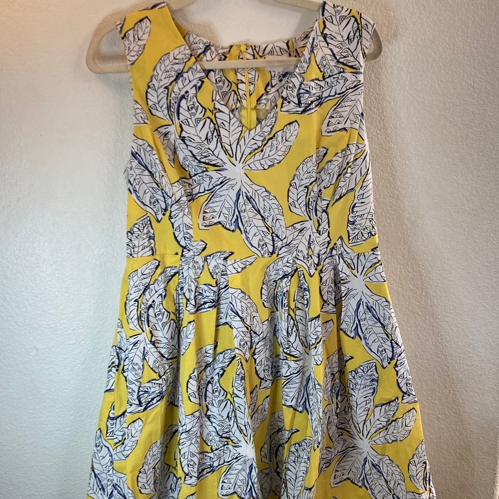 MELLODAY anthropology Yellow Black Leaf Dress pockets party feminine XL